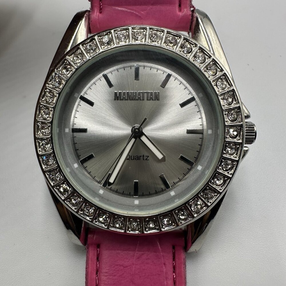 3/$30 Manhattan by Croton Watch Women Silver Tone Pink Leather Band New Battery